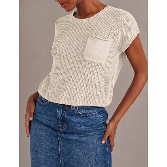 Women's Apricot Sleeveless Knitted Sweater Vest Casual Tank with Front Pocket - Picture 6 of 6